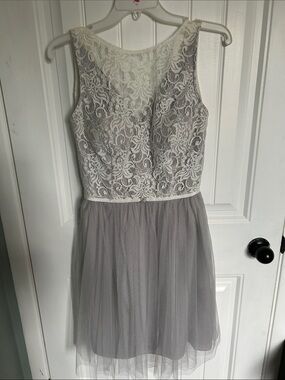 Alexia Designs Ivory Lace Bodice Gray Tulle Prom Dress